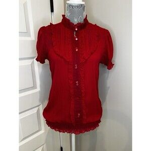 Fleurish Red Ruffled Button Top Blouse Large L